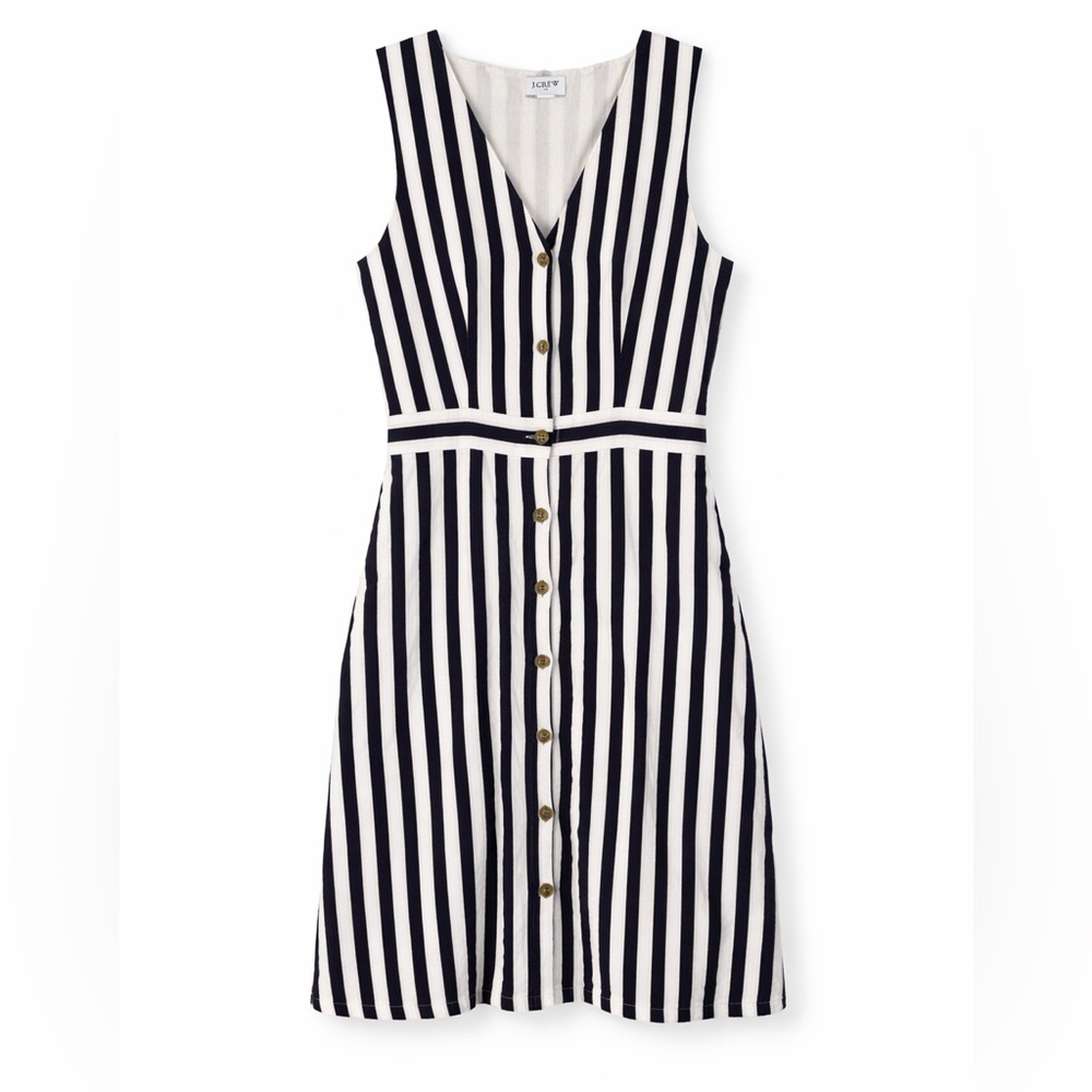 J.Crew Striped Linen Blend Dress Size 0 Navy White Button Front Summer Vacation